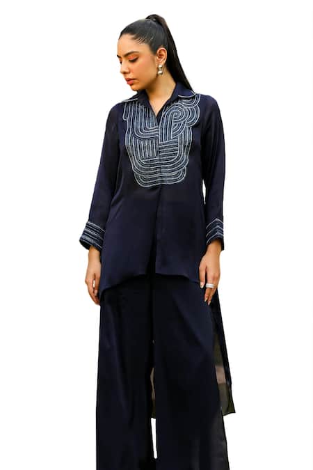 Buy_Ajiesh Oberoi_Blue Chiffon, Cotton Embroidery, Beads Chamak High-low Shirt With Palazzo _Online_at_Aza_Fashions