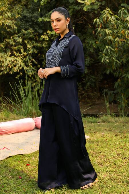 Shop_Ajiesh Oberoi_Blue Chiffon, Cotton Embroidery, Beads Chamak High-low Shirt With Palazzo _Online_at_Aza_Fashions