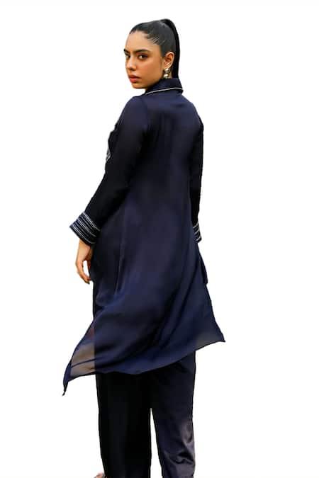 Ajiesh Oberoi_Blue Chiffon, Cotton Embroidery, Beads Chamak High-low Shirt With Palazzo _at_Aza_Fashions