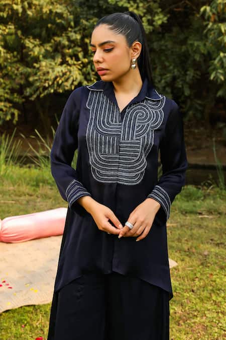 Buy_Ajiesh Oberoi_Blue Chiffon, Cotton Embroidery, Beads Chamak High-low Shirt With Palazzo 