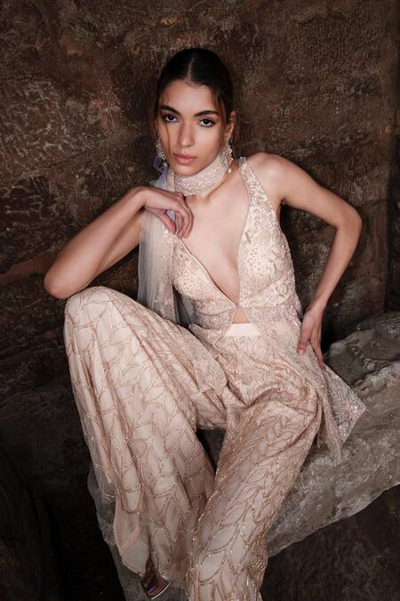 Shop_Kashmiraa_Beige Net, Tulle, Cotton Beads, Floral Embroidered Slit Kurta Sharara Set _Online_at_Aza_Fashions