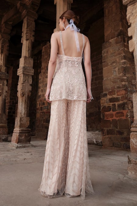 Kashmiraa Bead Floral Embroidered Slit Kurta Sharara Set 