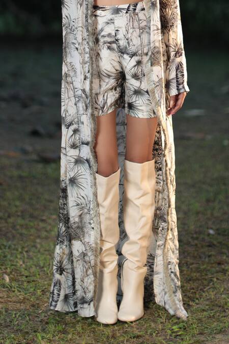 The Long Iland_Black Habutai Printed Forest Bustier Halter Long Jacket Shorts Set  _Online_at_Aza_Fashions