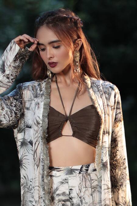 Buy_The Long Iland_Black Habutai Printed Forest Bustier Halter Long Jacket Shorts Set  _Online_at_Aza_Fashions