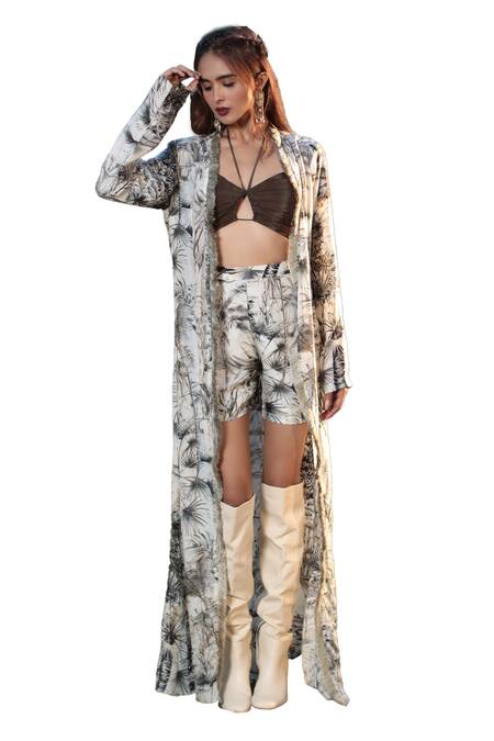 Shop_The Long Iland_Black Habutai Printed Forest Bustier Halter Long Jacket Shorts Set  _Online_at_Aza_Fashions