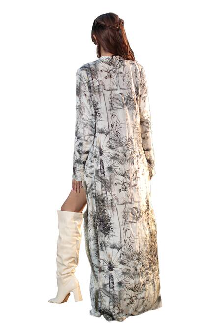 The Long Iland_Black Habutai Printed Forest Bustier Halter Long Jacket Shorts Set  _at_Aza_Fashions