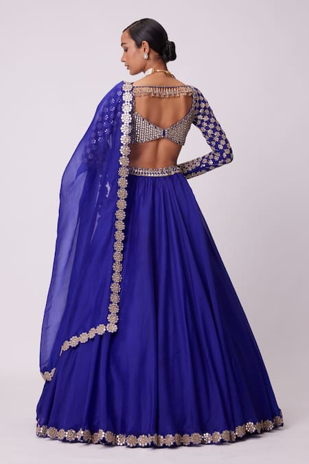 Shop Vvani By Vani Vats Blue Georgette, Organza Mirrors Sweetheart Neck Embroidered Blouse Lehenga Set at Aza Fashions Shop_Vvani By Vani Vats_Blue Georgette, Organza Mirrors Sweetheart Neck Embroidered Blouse Lehenga Set _at_Aza_Fashions