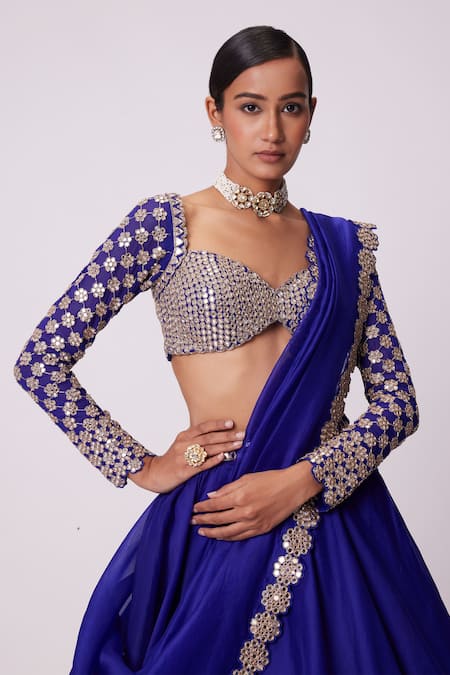 Vvani By Vani Vats Blue Georgette, Organza Mirrors Sweetheart Neck Embroidered Blouse Lehenga Set Online at Aza Fashions Vvani By Vani Vats_Blue Georgette, Organza Mirrors Sweetheart Neck Embroidered Blouse Lehenga Set _Online_at_Aza_Fashions