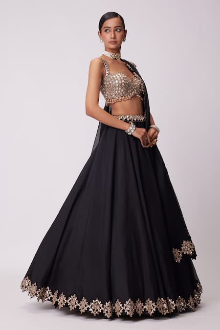 Vvani By Vani Vats Black Organza, Georgette Mirrors Sweetheart Neck Flared Embroidered Lehenga Set Online at Aza Fashions Vvani By Vani Vats_Black Organza, Georgette Mirrors Sweetheart Neck Flared Embroidered Lehenga Set _Online_at_Aza_Fashions