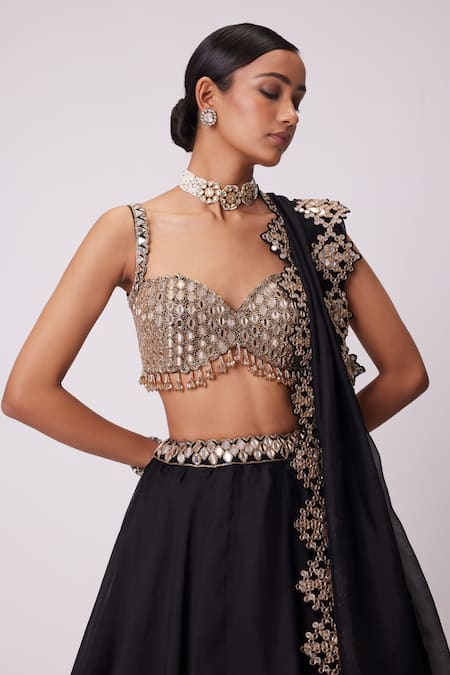 Shop Vvani By Vani Vats Black Organza, Georgette Mirrors Sweetheart Neck Flared Embroidered Lehenga Set Online at Aza Fashions Shop_Vvani By Vani Vats_Black Organza, Georgette Mirrors Sweetheart Neck Flared Embroidered Lehenga Set _Online_at_Aza_Fashions