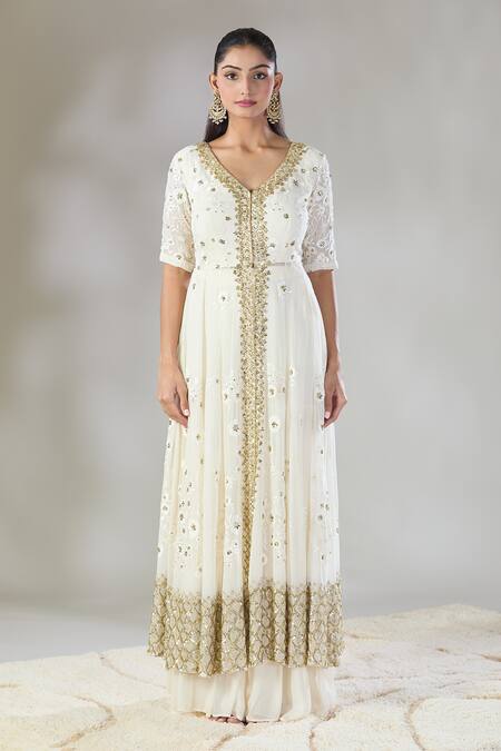 Astha Narang_White Georgette Sequins, Cut Work V-neck Embroidered Front Open Jacket Kurta Set _Online_at_Aza_Fashions