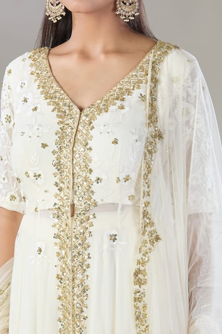 Buy_Astha Narang_White Georgette Sequins, Cut Work V-neck Embroidered Front Open Jacket Kurta Set _Online_at_Aza_Fashions