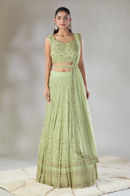 Shop Astha Narang Green Net Cut Work, Sequins Sweetheart Neck Heavy Jaal Lehenga Set Online at Aza Fashions Shop_Astha Narang_Green Net Cut Work, Sequins Sweetheart Neck Heavy Jaal Lehenga Set _Online_at_Aza_Fashions