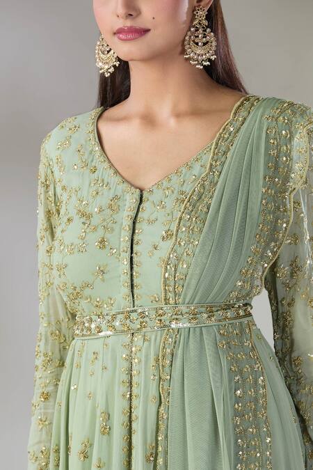 Astha Narang Green Georgette Sequins, Embroidery V-neck Floral Front Open Jacket Kurta Set Online at Aza Fashions Astha Narang_Green Georgette Sequins, Embroidery V-neck Floral Front Open Jacket Kurta Set _Online_at_Aza_Fashions