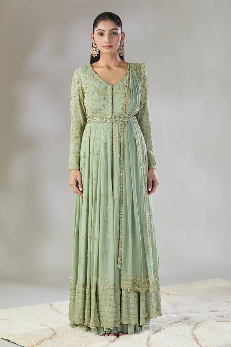 Buy Astha Narang Green Georgette Sequins, Embroidery V-neck Floral Front Open Jacket Kurta Set Online at Aza Fashions Buy_Astha Narang_Green Georgette Sequins, Embroidery V-neck Floral Front Open Jacket Kurta Set _Online_at_Aza_Fashions
