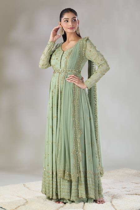 Shop Astha Narang Green Georgette Sequins, Embroidery V-neck Floral Front Open Jacket Kurta Set Online at Aza Fashions Shop_Astha Narang_Green Georgette Sequins, Embroidery V-neck Floral Front Open Jacket Kurta Set _Online_at_Aza_Fashions