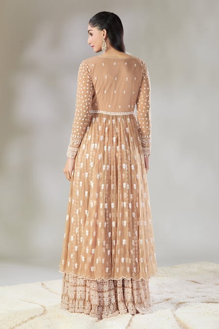 Shop Astha Narang Beige Net Embroidery Polo Collar Floral Anarkali Sharara Set at Aza Fashions Shop_Astha Narang_Beige Net Embroidery Polo Collar Floral Anarkali Sharara Set _at_Aza_Fashions