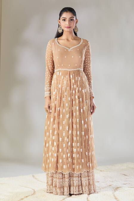 Astha Narang Beige Net Embroidery Polo Collar Floral Anarkali Sharara Set Online at Aza Fashions Astha Narang_Beige Net Embroidery Polo Collar Floral Anarkali Sharara Set _Online_at_Aza_Fashions