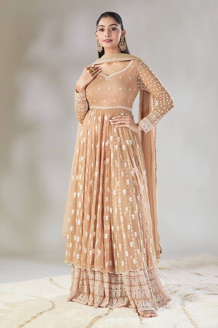 Buy Astha Narang Beige Net Embroidery Polo Collar Floral Anarkali Sharara Set Online at Aza Fashions Buy_Astha Narang_Beige Net Embroidery Polo Collar Floral Anarkali Sharara Set _Online_at_Aza_Fashions