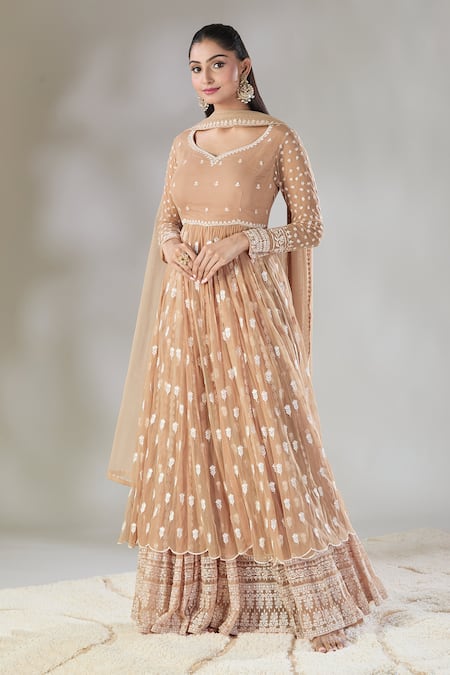 Shop Astha Narang Beige Net Embroidery Polo Collar Floral Anarkali Sharara Set Online at Aza Fashions Shop_Astha Narang_Beige Net Embroidery Polo Collar Floral Anarkali Sharara Set _Online_at_Aza_Fashions