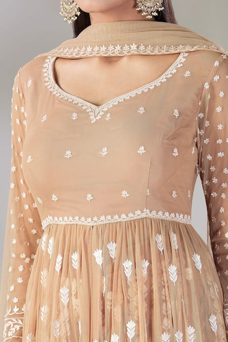 Astha Narang Beige Net Embroidery Polo Collar Floral Anarkali Sharara Set at Aza Fashions Astha Narang_Beige Net Embroidery Polo Collar Floral Anarkali Sharara Set _at_Aza_Fashions
