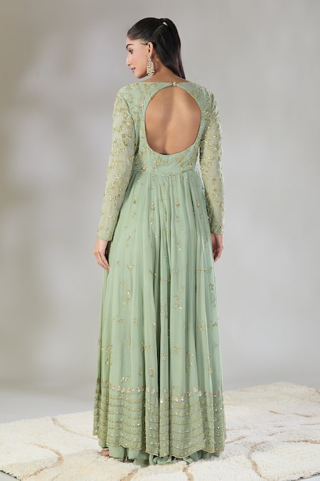 Shop Astha Narang Green Georgette Sequins, Embroidery V-neck Floral Front Open Jacket Kurta Set at Aza Fashions Shop_Astha Narang_Green Georgette Sequins, Embroidery V-neck Floral Front Open Jacket Kurta Set _at_Aza_Fashions