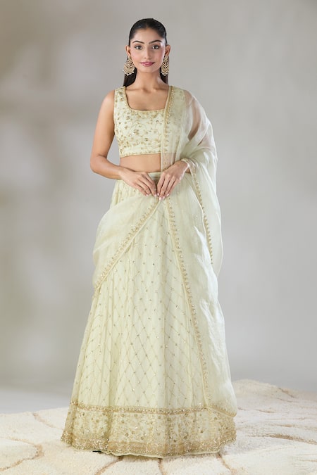 Astha Narang Off White Net Embroidered Floral U Neck Jaal Lehenga Set