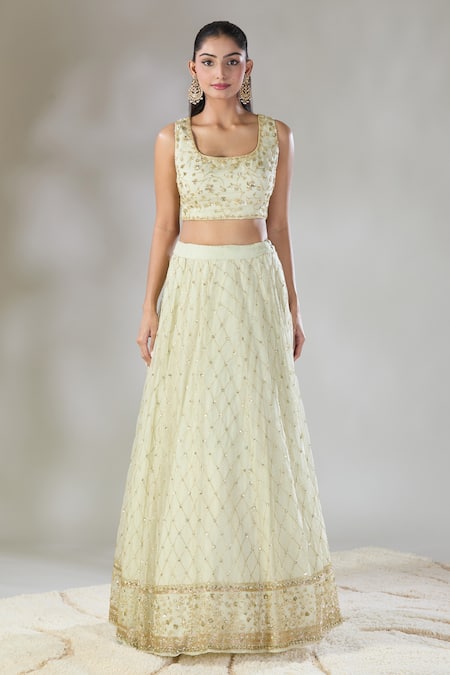 Buy Astha Narang Off White Net Sequins, Embroidery Round Neck Floral Jaal Lehenga Set Online at Aza Fashions Buy_Astha Narang_Off White Net Sequins, Embroidery Round Neck Floral Jaal Lehenga Set _Online_at_Aza_Fashions