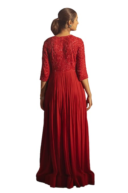 Shop Samatvam By Anjali Bhaskar Red Georgette Beads, Cut Work Aaira Paisley Embroidered Anarkali With Dupatta Online at Aza Fashions Shop_Samatvam By Anjali Bhaskar_Red Georgette Beads, Cut Work Aaira Paisley Embroidered Anarkali With Dupatta _Online_at_Aza_Fashions