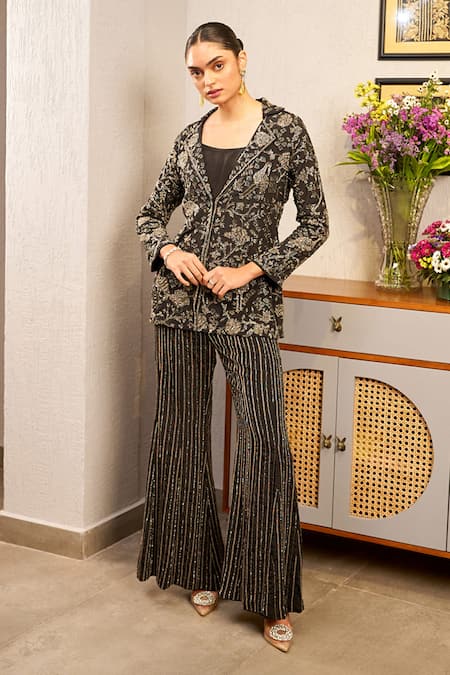 Samatvam by Anjali Bhaskar Black Blended Crepe Embroidery Cutdana Jacket Amal Floral Flared Pant Set
