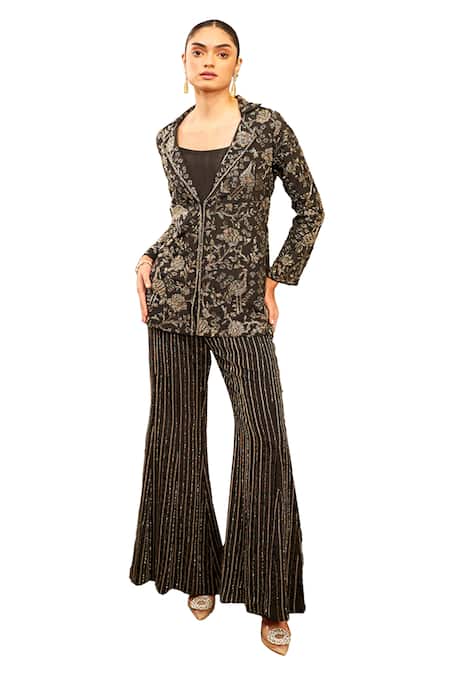 Buy Samatvam By Anjali Bhaskar Black Cut Work, Beads, Embroidery Collared, Amal Floral Jacket Flared Pant Set Online at Aza Fashions Buy_Samatvam By Anjali Bhaskar_Black Cut Work, Beads, Embroidery Collared, Amal Floral Jacket Flared Pant Set _Online_at_Aza_Fashions