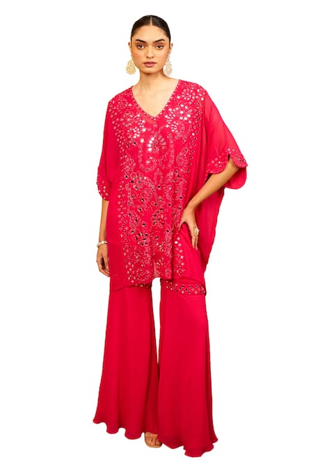 Buy Samatvam By Anjali Bhaskar Pink Georgette Mirrors, Embroidery V-neck Assia Kaftan And Sharara Set Online at Aza Fashions Buy_Samatvam By Anjali Bhaskar_Pink Georgette Mirrors, Embroidery V-neck Assia Kaftan And Sharara Set _Online_at_Aza_Fashions