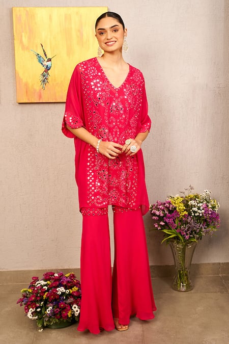 Samatvam By Anjali Bhaskar Pink Georgette Mirrors, Embroidery V-neck Assia Kaftan And Sharara Set at Aza Fashions Samatvam By Anjali Bhaskar_Pink Georgette Mirrors, Embroidery V-neck Assia Kaftan And Sharara Set _at_Aza_Fashions