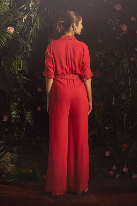 Shop Samatvam By Anjali Bhaskar Red Georgette Embroidery, Beads V-neck Ayeza Neckline Jumpsuit With Belt at Aza Fashions Shop_Samatvam By Anjali Bhaskar_Red Georgette Embroidery, Beads V-neck Ayeza Neckline Jumpsuit With Belt _at_Aza_Fashions