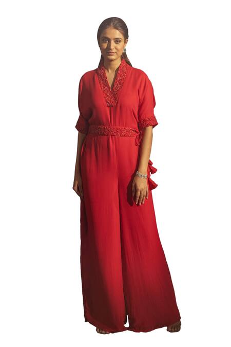 Samatvam By Anjali Bhaskar Red Georgette Embroidery, Beads V-neck Ayeza Neckline Jumpsuit With Belt Online at Aza Fashions Samatvam By Anjali Bhaskar_Red Georgette Embroidery, Beads V-neck Ayeza Neckline Jumpsuit With Belt _Online_at_Aza_Fashions