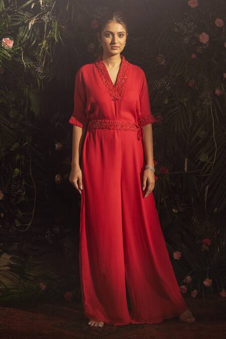 Buy Samatvam By Anjali Bhaskar Red Georgette Embroidery, Beads V-neck Ayeza Neckline Jumpsuit With Belt Online at Aza Fashions Buy_Samatvam By Anjali Bhaskar_Red Georgette Embroidery, Beads V-neck Ayeza Neckline Jumpsuit With Belt _Online_at_Aza_Fashions