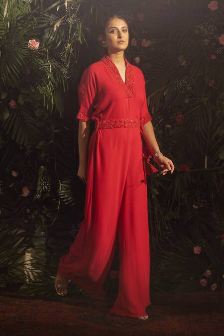 Shop Samatvam By Anjali Bhaskar Red Georgette Embroidery, Beads V-neck Ayeza Neckline Jumpsuit With Belt Online at Aza Fashions Shop_Samatvam By Anjali Bhaskar_Red Georgette Embroidery, Beads V-neck Ayeza Neckline Jumpsuit With Belt _Online_at_Aza_Fashions