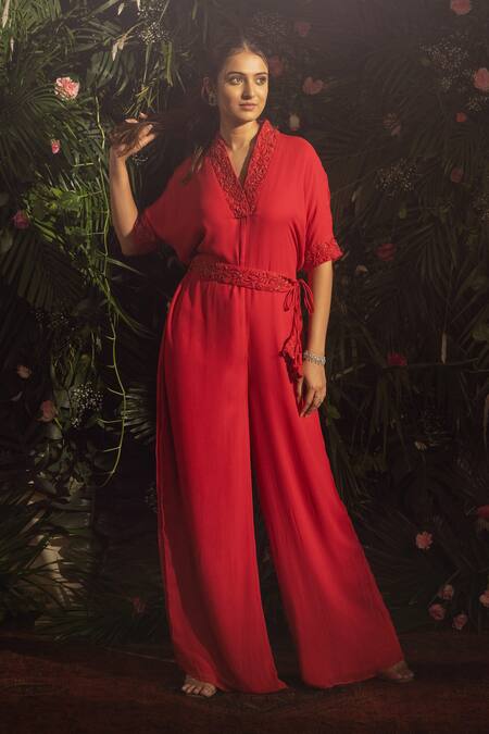 Samatvam By Anjali Bhaskar Red Georgette Embroidery, Beads V-neck Ayeza Neckline Jumpsuit With Belt at Aza Fashions Samatvam By Anjali Bhaskar_Red Georgette Embroidery, Beads V-neck Ayeza Neckline Jumpsuit With Belt _at_Aza_Fashions