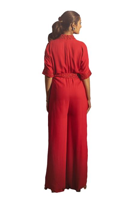 Buy Samatvam By Anjali Bhaskar Red Georgette Embroidery, Beads V-neck Ayeza Neckline Jumpsuit With Belt Buy_Samatvam By Anjali Bhaskar_Red Georgette Embroidery, Beads V-neck Ayeza Neckline Jumpsuit With Belt