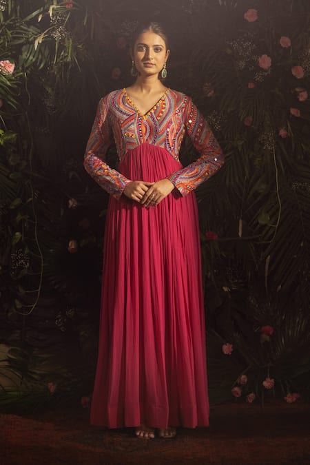 Samatvam by Anjali Bhaskar Pink Blended Georgette Embroidery Baisley Mirror Work Anarkali With Dupatta 