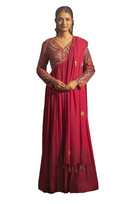 Samatvam By Anjali Bhaskar_Pink Georgette, Linen Mirrors, Embroidery Baisley Work Anarkali With Dupatta _Online_at_Aza_Fashions