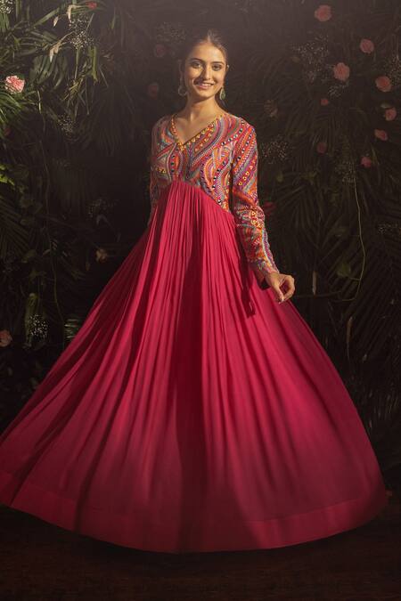 Buy_Samatvam By Anjali Bhaskar_Pink Georgette, Linen Mirrors, Embroidery Baisley Work Anarkali With Dupatta _Online_at_Aza_Fashions