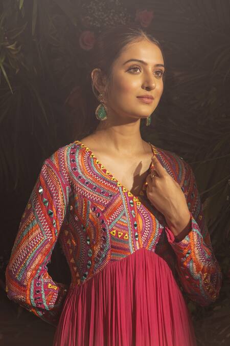 Shop_Samatvam By Anjali Bhaskar_Pink Georgette, Linen Mirrors, Embroidery Baisley Work Anarkali With Dupatta _Online_at_Aza_Fashions