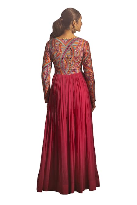 Buy_Samatvam By Anjali Bhaskar_Pink Georgette, Linen Mirrors, Embroidery Baisley Work Anarkali With Dupatta 