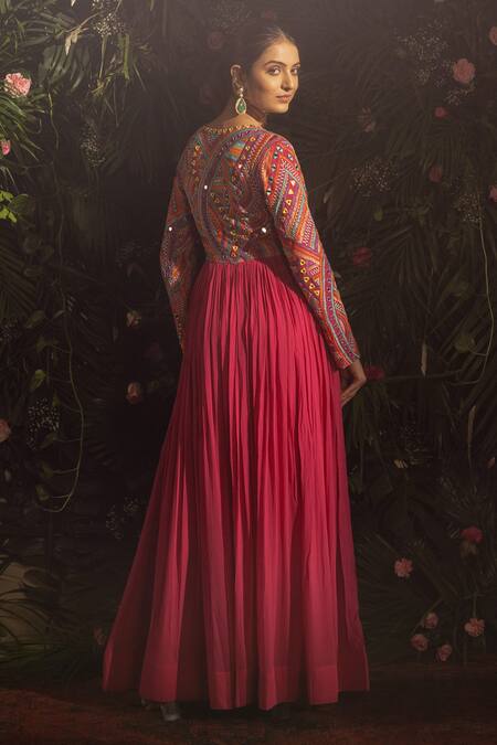 Shop_Samatvam By Anjali Bhaskar_Pink Georgette, Linen Mirrors, Embroidery Baisley Work Anarkali With Dupatta 