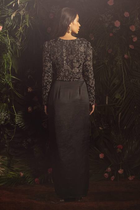 Samatvam By Anjali Bhaskar Black Modal, Satin Embroidery, Cut Work, Brylinn Jacket And Draped Skirt Set Online at Aza Fashions Samatvam By Anjali Bhaskar_Black Modal, Satin Embroidery, Cut Work, Brylinn Jacket And Draped Skirt Set _Online_at_Aza_Fashions