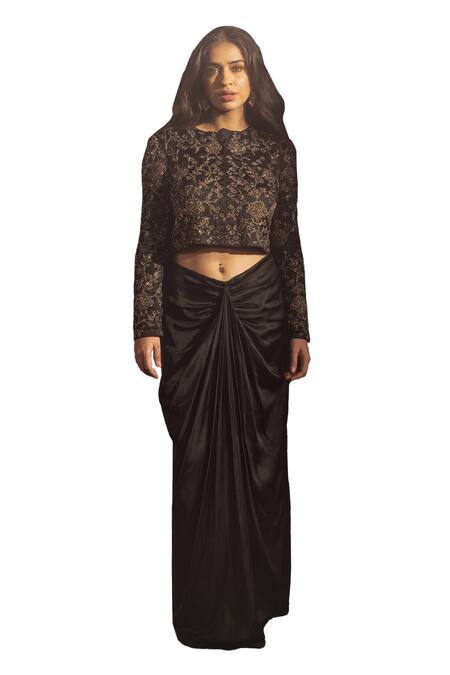 Buy Samatvam By Anjali Bhaskar Black Modal, Satin Embroidery, Cut Work, Brylinn Jacket And Draped Skirt Set Online at Aza Fashions Buy_Samatvam By Anjali Bhaskar_Black Modal, Satin Embroidery, Cut Work, Brylinn Jacket And Draped Skirt Set _Online_at_Aza_Fashions