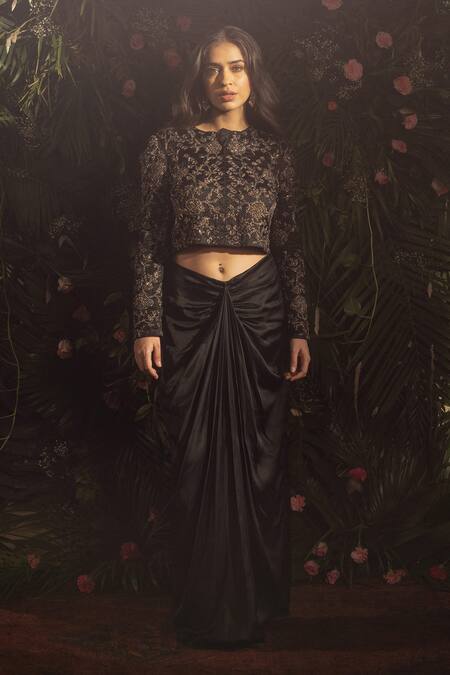 Shop Samatvam By Anjali Bhaskar Black Modal, Satin Embroidery, Cut Work, Brylinn Jacket And Draped Skirt Set Online at Aza Fashions Shop_Samatvam By Anjali Bhaskar_Black Modal, Satin Embroidery, Cut Work, Brylinn Jacket And Draped Skirt Set _Online_at_Aza_Fashions