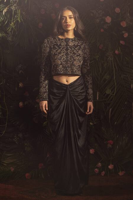 Samatvam By Anjali Bhaskar Black Modal, Satin Embroidery, Cut Work, Brylinn Jacket And Draped Skirt Set at Aza Fashions Samatvam By Anjali Bhaskar_Black Modal, Satin Embroidery, Cut Work, Brylinn Jacket And Draped Skirt Set _at_Aza_Fashions