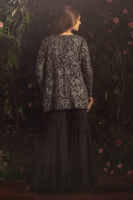 Samatvam By Anjali Bhaskar Black Georgette Embroidery, Beads, Cut Work Round Neck Cara Jacket Sharara Set Online at Aza Fashions Samatvam By Anjali Bhaskar_Black Georgette Embroidery, Beads, Cut Work Round Neck Cara Jacket Sharara Set _Online_at_Aza_Fashions